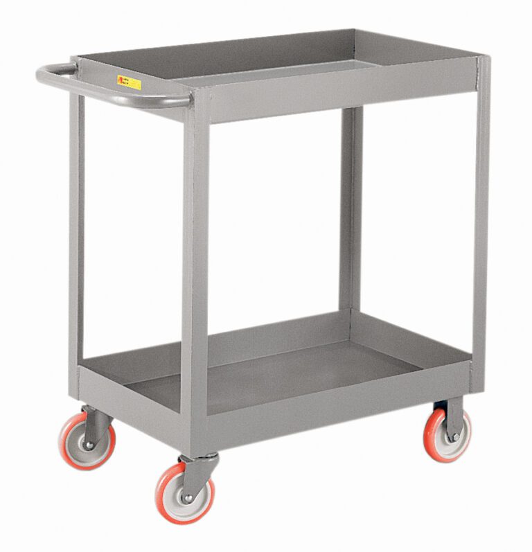The Little Giant 3-Inch Deep Shelf Truck is a gray two-tier metal utility cart with an open top and handle. It features four red caster wheels for easy movement and stands empty against a plain white background, ready for versatile use.