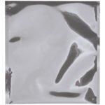 A reflective silver pouch, like the MH-USA 10 x 12 Heavy Duty Moisture Barrier Bags (100/Case), lies flat with no text or labels. Its surface creates abstract reflections and distortions.