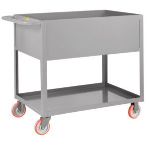 The Little Giant 12-Inch Deep Shelf Truck includes a gray utility cart with a spacious rectangular top compartment, an open lower shelf, four red and gray swivel wheels for easy mobility, and a handle for effortless transport.