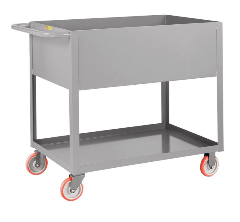 The Little Giant 12-Inch Deep Shelf Truck includes a gray utility cart with a spacious rectangular top compartment, an open lower shelf, four red and gray swivel wheels for easy mobility, and a handle for effortless transport.