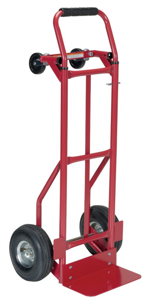 Introducing the versatile Vestil Convertible Hand Truck Steel 500 Lb Cap! This red truck features a sturdy steel frame, two large black wheels, and two smaller supporting ones. With its foldable toe plate, transporting heavy items up to 500 lbs is effortless.