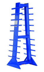 The Vestil Double Sided Horizontal Bar Rack, in blue metal, features multiple horizontal arms on both sides and a triangular base for enhanced stability. Its industrial design is ideal for organizing long materials like pipes and lumber.