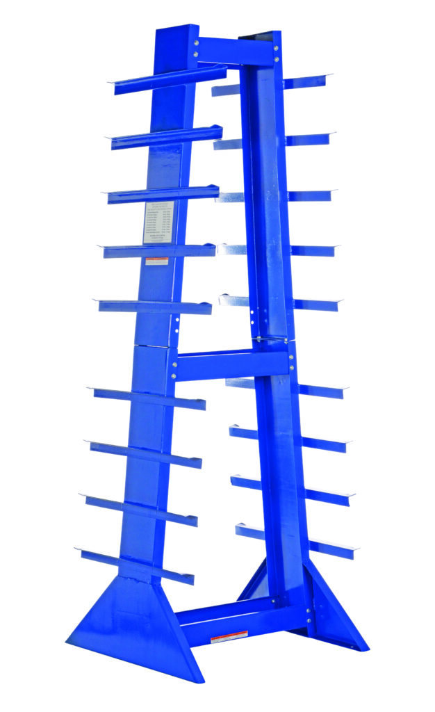 DSHZ-4_A.jpg The Vestil Double Sided Horizontal Bar Rack, in blue metal, features multiple horizontal arms on both sides and a triangular base for enhanced stability. Its industrial design is ideal for organizing long materials like pipes and lumber.