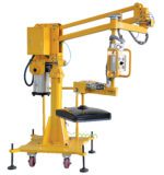 The yellow industrial robotic arm, similar to the Vestil Air Bal Jib Lifter Portable 47.25 In, includes a control panel and is designed for lifting or manipulating objects. It features a sturdy base with casters, stabilizing feet, and pneumatic components for seamless operation.