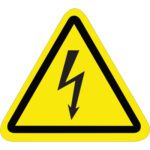 The MH-USA 2.25 Triangle - Electric Shock Durable Safety Label features a yellow triangular warning sign with a black lightning bolt, indicating electric shock risk. It comes in rolls of 25, allowing for efficient hazardous area marking.