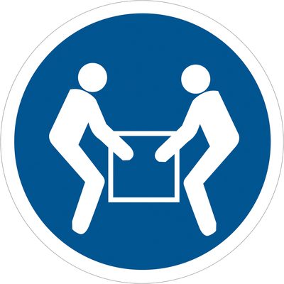 DSL509.jpg Icon of two figures lifting a box together, symbolizing teamwork, outlined in white on a circular blue background. Resembles the MH-USA 2 Circle - 2 Person Lift Durable Safety Label, sold in rolls of 25.