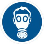 A person icon in a gas mask on a blue circular background resembles the MH-USA 2 Circle - Wear Respiratory Protection Durable Safety Label (25/Roll), highlighting crucial safety and protection.