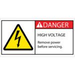 The MH-USA 2 x 4 label features a yellow triangle with a black lightning bolt and DANGER HIGH VOLTAGE in black on white. Sold in rolls of 25 for convenience.