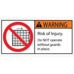 A warning sign with an exclamation mark says: Risk of Injury. Do NOT operate without guards in place, featuring a red circle with a line through a grid pattern. MH-USA 2 x 4 durable safety labels, available in rolls of 25, ensure clear communication and safety compliance.