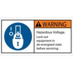 Orange-headed warning: MH-USA 2 x 4 Safety Label - Hazardous Voltage. Lock equipment de-energized before servicing. Features exclamation mark and a blue lock with a key graphic.