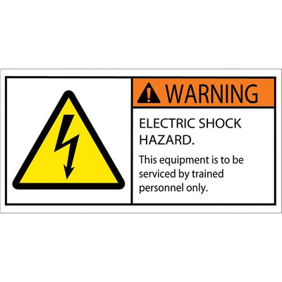 DSL519.jpg The MH-USA 2 x 4 warning safety label, featuring a yellow triangle with a black lightning bolt, indicates an electric shock hazard with the message: Warning: Electric Shock Hazard. This equipment is to be serviced by trained personnel only. It comes in rolls of 25.