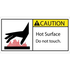 A warning label shows a hand reaching toward red heat waves with CAUTION and Hot Surface. Do not touch. on a yellow and white background, featuring a triangular exclamation mark. Product: MH-USA 2 x 4 - Caution Hot Surface Durable Safety Label - 25 PER ROLL.