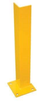 A tall, yellow metal bollard recalls the Vestil Overhead Door Track Protector 24.25 In, with a square base featuring four corner holes for secure mounting. Expertly designed for protection or traffic control, it serves as a sturdy guardian in busy areas.