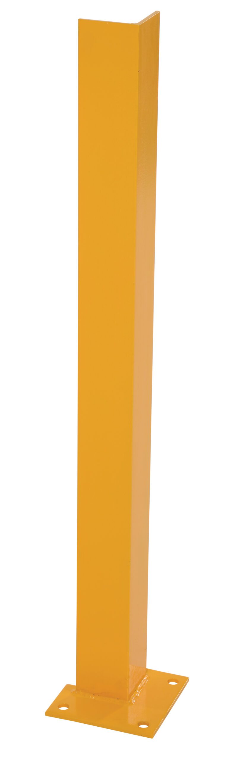 DSP-36_A.jpg A tall, rectangular, yellow metal post with a flat base and corner mounting holes resembles the sturdy design of a Vestil Overhead Door Track Protector 36.25 In., standing upright against a white background.