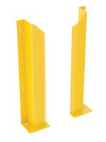 Two yellow Vestil Ovhd Door Trk Protector Wall Flange R&L 48 metal guards with slanted tops and multiple mounting holes stand upright on base plates, designed to protect corners or machinery in industrial settings. The plain white background highlights their safety and durability features.