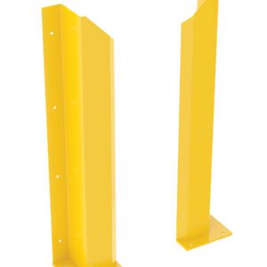 Two yellow Vestil Ovhd Door Trk Protector Wall Flange R&L 48 metal guards with slanted tops and multiple mounting holes stand upright on base plates, designed to protect corners or machinery in industrial settings. The plain white background highlights their safety and durability features.
