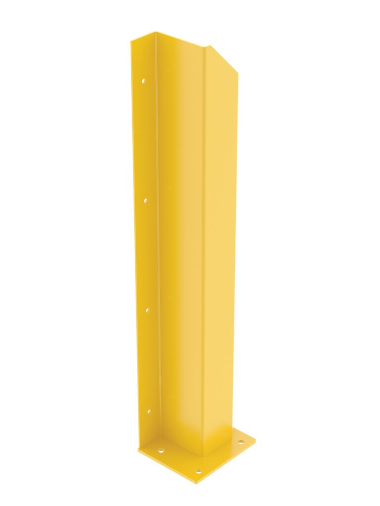 The Vestil Ovhd Door Trk Protector Wall Flange/Left 48 features a vertical rectangular design with a flat base, pre-drilled holes for easy mounting, and an angled top. This yellow metal corner guard ensures solid protection for building corners or equipment, ideal for left-side wall flange applications.