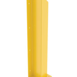 The Vestil Ovhd Door Trk Protector Wall Flange/Left 48 features a vertical rectangular design with a flat base, pre-drilled holes for easy mounting, and an angled top. This yellow metal corner guard ensures solid protection for building corners or equipment, ideal for left-side wall flange applications.