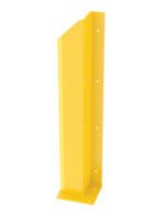 The Vestil Ovhd Door Trk Protector Wall Flange/Right48 is a yellow metal corner guard with a flat base and pre-drilled holes for easy mounting; it has a slight top angle for enhanced design and strong corner reinforcement.