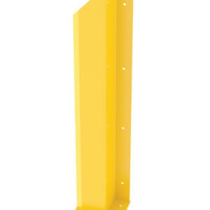 The Vestil Ovhd Door Trk Protector Wall Flange/Right48 is a yellow metal corner guard with a flat base and pre-drilled holes for easy mounting; it has a slight top angle for enhanced design and strong corner reinforcement.