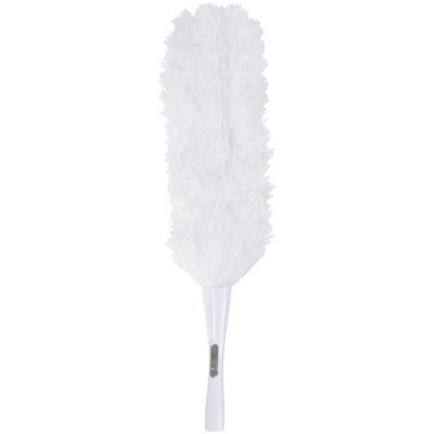 DST110.jpg The MH-USA Microfiber Duster - 23 features a white, fluffy head with dense, soft fibers and a plastic handle for effective cleaning.