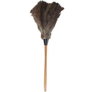 The MH-USA Professional Ostrich Feather Duster - 23 boasts full, dark brown ostrich feathers secured to a sleek black section and polished wooden handle, perfectly balancing style and functionality.
