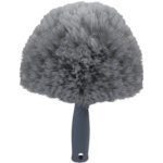 The MH-USA Cobweb Duster has gray, fluffy bristles forming a wide, rounded head on a short handle. Ideal for removing cobwebs, its dense bristles ensure effective cleaning, and the handles hanging hole allows for easy storage.