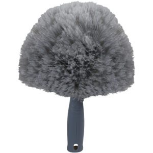 The MH-USA Cobweb Duster has gray, fluffy bristles forming a wide, rounded head on a short handle. Ideal for removing cobwebs, its dense bristles ensure effective cleaning, and the handles hanging hole allows for easy storage.