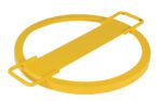 A yellow metallic cover with a circular frame and central rectangle resembles the Vestil Drum Tie Down 24 In., sporting two rectangular handles on opposite sides for effortless lifting and secure handling.