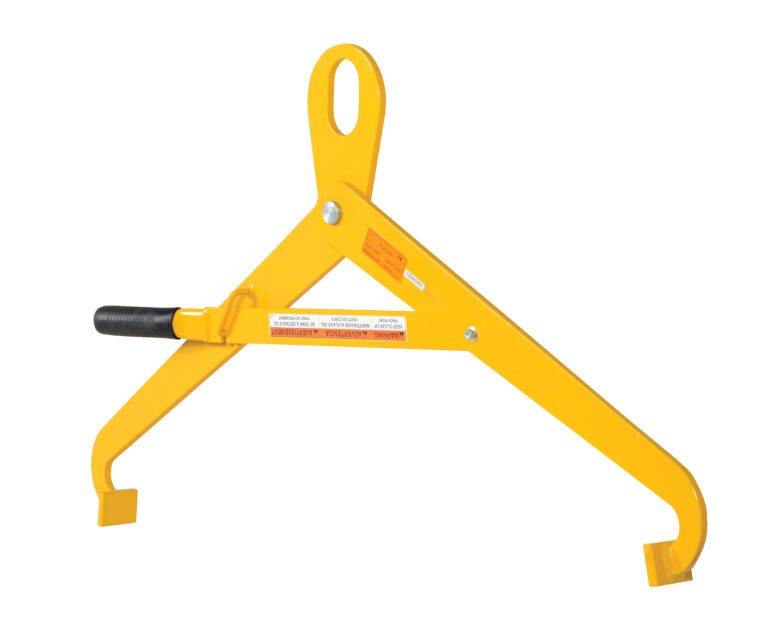 DTH-1000_A.jpg The yellow lifting clamp mirrors the Vestil Horizontal Semi-Automatic Drum Tongs triangular design with a large hoisting loop, featuring two rubber-gripped curved arms and a secure locking mechanism for safely holding steel plates.