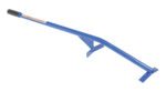 A blue tile remover tool, similar to the Vestil Manual Drum Upender/Tipper with a 41-inch handle, features a flat angled blade. It has a black grip on the long handle and includes a small bracket near the blade for extra leverage.