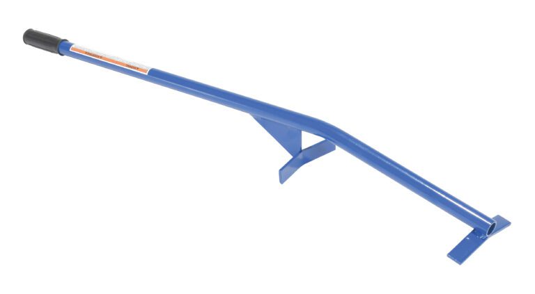 A blue tile remover tool, similar to the Vestil Manual Drum Upender/Tipper with a 41-inch handle, features a flat angled blade. It has a black grip on the long handle and includes a small bracket near the blade for extra leverage.