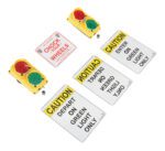 Discover the Vestil Traffic System Stop Go Set 220V Led, offering traffic safety signs and signal devices. The set includes a CHECK YOUR WHEELS sign, LED panels with red/green lights for 220V power, and three CAUTION signs that state DEPART ON GREEN LIGHT ONLY.