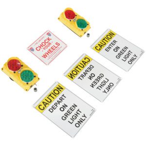 Discover the Vestil Traffic System Stop Go Set 220V Led, offering traffic safety signs and signal devices. The set includes a CHECK YOUR WHEELS sign, LED panels with red/green lights for 220V power, and three CAUTION signs that state DEPART ON GREEN LIGHT ONLY.