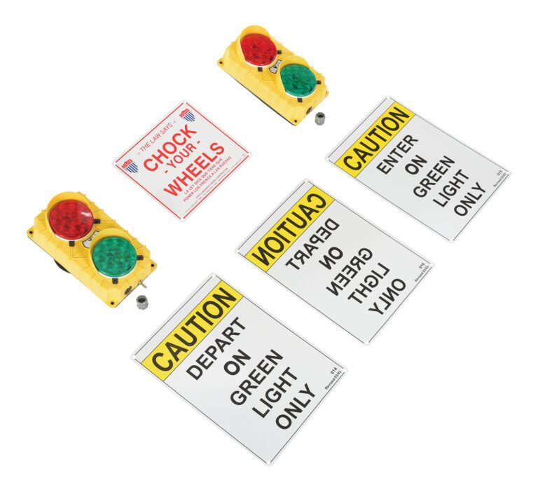 DTS-5-LED-220V_A.jpg Discover the Vestil Traffic System Stop Go Set 220V Led, offering traffic safety signs and signal devices. The set includes a CHECK YOUR WHEELS sign, LED panels with red/green lights for 220V power, and three CAUTION signs that state DEPART ON GREEN LIGHT ONLY.