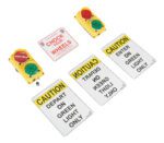 The Vestil Led Lighted Dock Traffic System features two traffic lights (red and green) and caution signs with bold black text on white backgrounds: CHOCK YOUR WHEELS, DEPART ON GREEN LIGHT ONLY, and ENTER ON GREEN LIGHT ONLY.