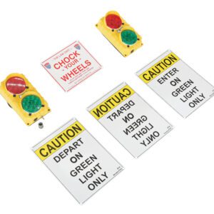 The Vestil Led Lighted Dock Traffic System features two traffic lights (red and green) and caution signs with bold black text on white backgrounds: CHOCK YOUR WHEELS, DEPART ON GREEN LIGHT ONLY, and ENTER ON GREEN LIGHT ONLY.