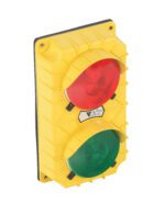 The Vestil Polypropylene Housed Dock Traffic System includes a yellow casing with red and green circular lights placed in textured-edged, durable rectangular housing for effective traffic management.
