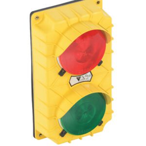 The Vestil Polypropylene Housed Dock Traffic System includes a yellow casing with red and green circular lights placed in textured-edged, durable rectangular housing for effective traffic management.