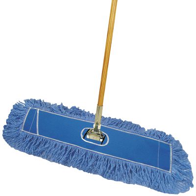 DUSTKIT24DX.jpg The MH-USA Deluxe Looped-End Dust Mop Kit - 24 includes a blue dust mop with a rectangular head, fringed edges, and a wooden handle. The mop head features a lighter blue stripe and an oval cutout for attachment.