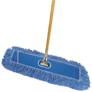 Try the MH-USA Deluxe Looped-End Dust Mop Kit - 36, featuring a blue mop head, wooden handle, and fringed design for easy dust collection.