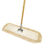 The MH-USA Economy Cut-End Dust Mop Kit - 48 includes a rectangular mop with a beige fringe, wooden handle, and sturdy metal connector for secure attachment, ideal for efficient cleaning.