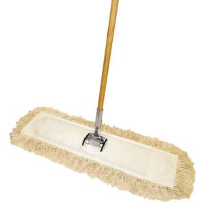 The MH-USA Economy Cut-End Dust Mop Kit - 60 boasts a beige, fringed, rectangular head and a durable wooden handle, ideal for efficient floor sweeping or dusting.
