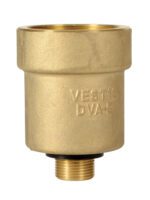 The Vestil Brass Drum Vent Adapter 2 In Vent is a polished, cylindrical fitting with a 2-inch threaded connector. Engraved VESTIL DVA-B, its shiny surface highlights its new condition.
