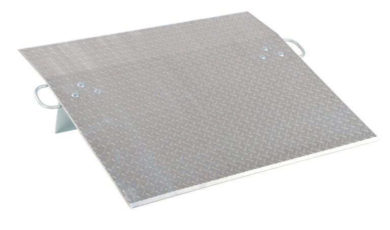 The Vestil Aluminum Econo Dockplate 3/8 1.8K 30X36 is a sturdy metal ramp with a diamond plate pattern, two handles for easy transport, an angled design, and triangular support, making it ideal for accessibility or loading tasks.