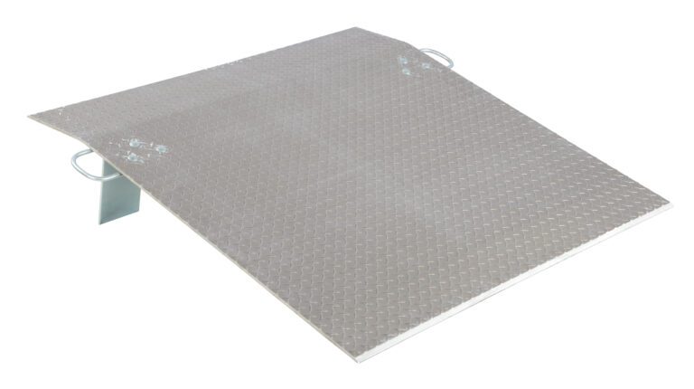 The Vestil Aluminum Econo Dockplate 3/8 1.9K 36X48 has a diamond plate surface, handles on both sides, and an angled design for strong construction, making it perfect for efficiently connecting trucks to docks.