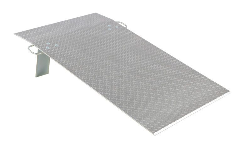 The Vestil Aluminum Econo Dockplate 3/8 3K 36X60 has a diamond plate surface perfect for mobility access, with two handles for easy transport and angled legs for support, ensuring safety and convenience.