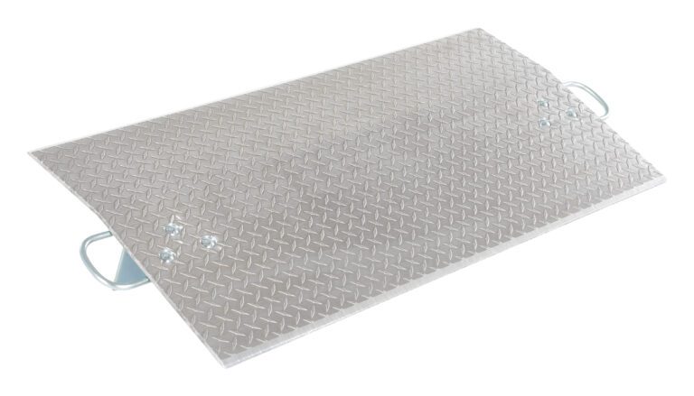 The Vestil Aluminum Econo Dockplate 3/8 5.2K 48X24 is a portable, slightly inclined silver ramp with a diamond plate texture and two handles, designed for easy access and versatile use in various applications.