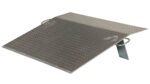 The Vestil Aluminum Econo Dockplate 3/8 3.5K 48X36 features a metal wheelchair ramp with a textured diamond plate surface, angled upward. It includes two handles for easy portability and has a sturdy support leg underneath.