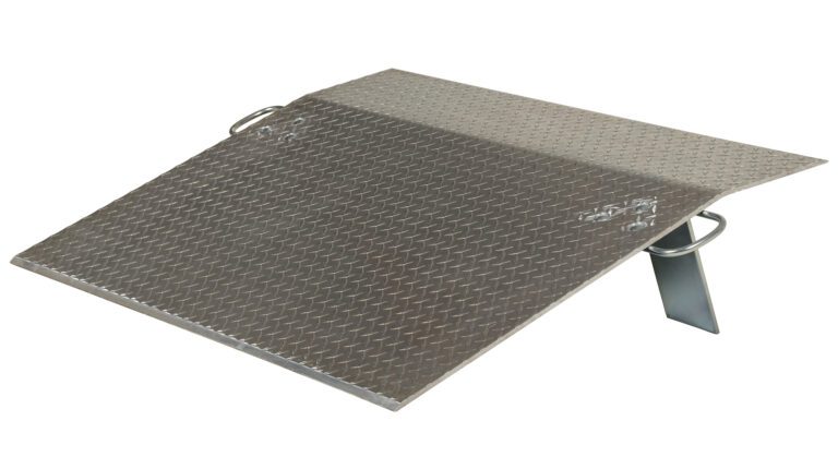 E-4836_A.jpg The Vestil Aluminum Econo Dockplate 3/8 3.5K 48X36 features a metal wheelchair ramp with a textured diamond plate surface, angled upward. It includes two handles for easy portability and has a sturdy support leg underneath.